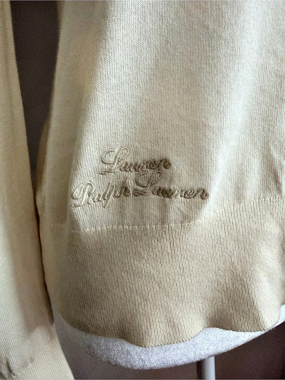 Lauren Ralph Lauren Embroidered Logo Cream V-Neck Cotton Modal Cardigan Size M